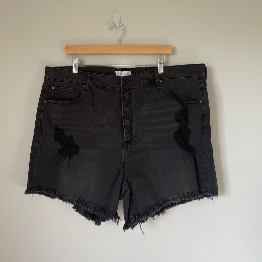 Arula High-Rise Denim Cutoff Shorts Distressed Cotton Blend Black Size 22